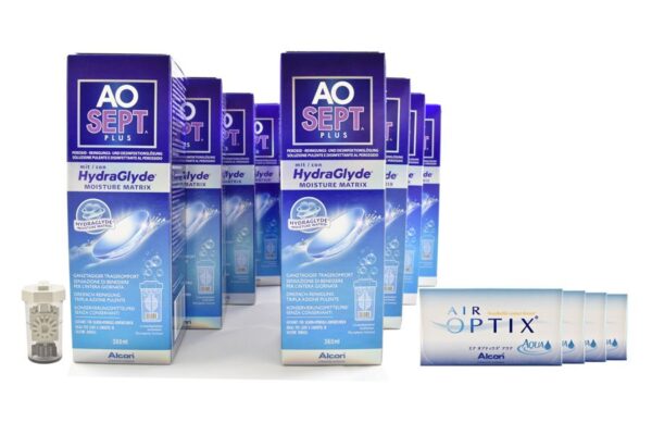 Air Optix Aqua 4 x 6 Monatslinsen + AoSept Plus HydraGlyde Jahres-Sparpaket