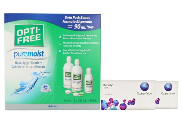 Biofinity toric 2 x 6 Monatslinsen + Opti Free Pure Moist Halbjahres-Sparpaket